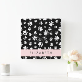 Relógio Quadrado Padrões de pata, patas de cão, preto e branco, seu