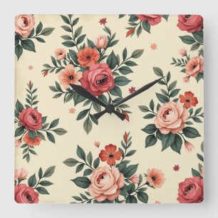 Relógio Quadrado Padrões florais vítreos com elegância clássica