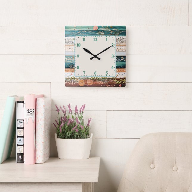 Relógio Quadrado Padrões mistos shabby chic (Sala de leitura)