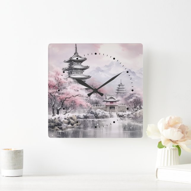 Relógio Quadrado Pagoda Sakura Japonesa e Cinzas Rosa-Rosa-Ponte (Lar)