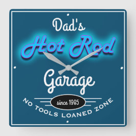 Relógio Quadrado Pai Hot Rod Garage Blue Faux com Texto Branco
