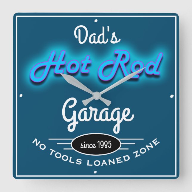 Relógio Quadrado Pai Hot Rod Garage Blue Faux com Texto Branco (Frente)