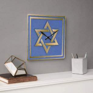 Relógio Quadrado Painel de Arte Estrela de Davi Azul Dourado