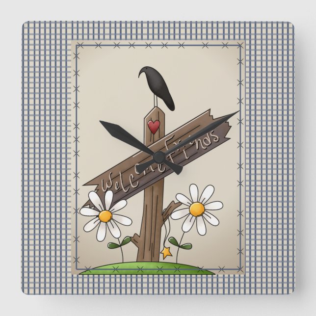 Relógio Quadrado País Azul Gingham Amigos de Boas-vindas (Frente)