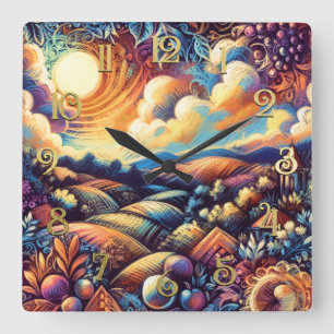 Relógio Quadrado Paisagem Abstrato de Desenho de Pastel