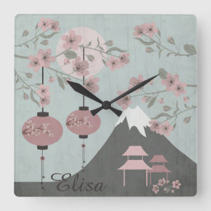 Relógio Quadrado Paisagem asiática floresce a arte das lanternas mo