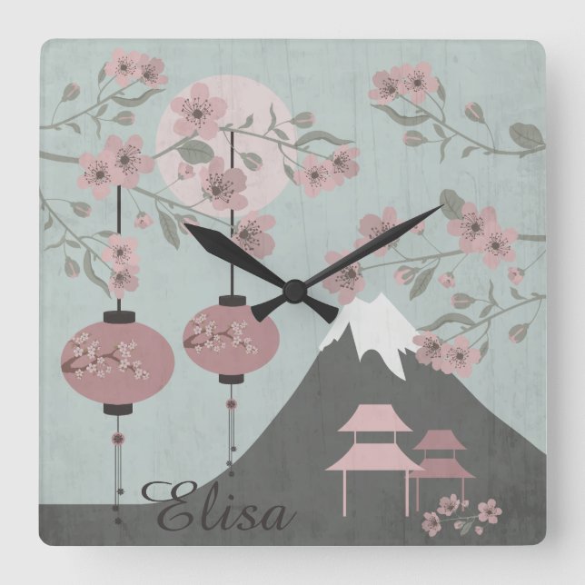 Relógio Quadrado Paisagem asiática floresce a arte das lanternas mo (Frente)