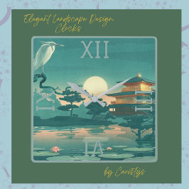 Relógio Quadrado Paisagem Cena Pagoda Crane Palavra de Parede