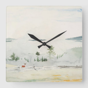 Relógio Quadrado Paisagem com cervo em uma Aquarela de Hazência Mo