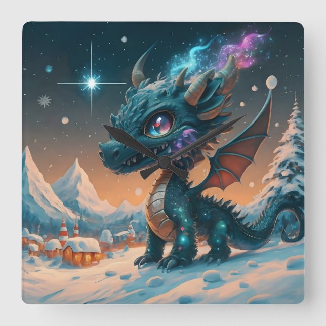 Relógio Quadrado Paisagem de inverno de Chibi Dragon Mystical (Frente)
