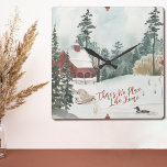Relógio Quadrado Paisagem de inverno Lakeside Cabine Não Há Lugar C<br><div class="desc">Paisagem de inverno Lakeside com a letra "Não há lugar como lar" na tipografia da escrita de tendências. Esta design rústica tem uma cena de aquarela de um lago,  pinheiros,  pato no lago,  neve e trenó.</div>