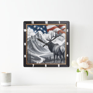 Relógio Quadrado Paisagem de Montanha Patriótica