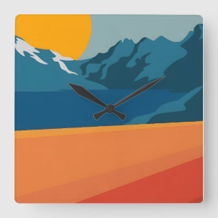 Relógio Quadrado Paisagem de Montanha Vermelha e Azul - Antecedente