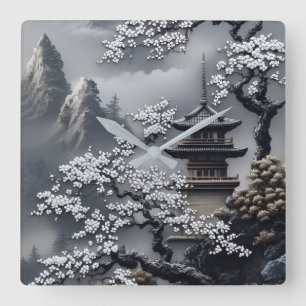 Relógio Quadrado Paisagem de Pagode Japonesa e Cerejeira na Parede