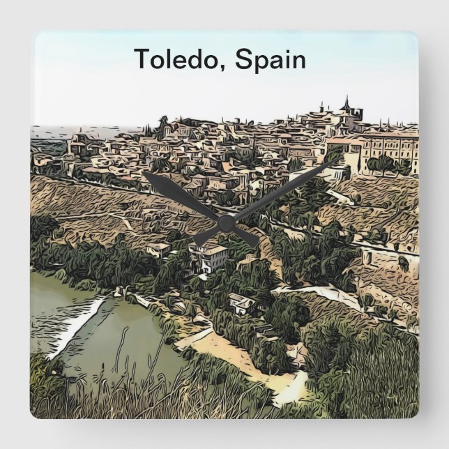 Relógio Quadrado Paisagem Ilustrada Arte de Toledo, Espanha (Frente)