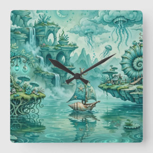 Relógio Quadrado Paisagem Marinha Verde Turquesa Sonho Surreal Fant