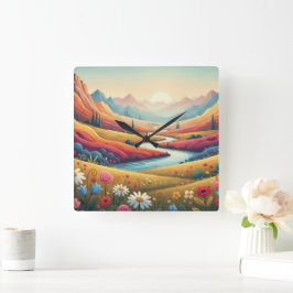 Relógio Quadrado Paisagem Moderna Montanhosa e Flor ao Pôr do Sol V