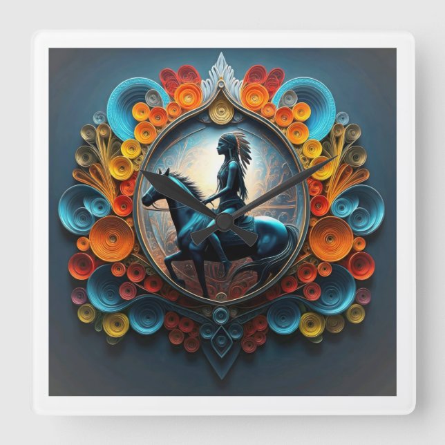 Relógio Quadrado "Paisagem Nativa Americana" (Frente)