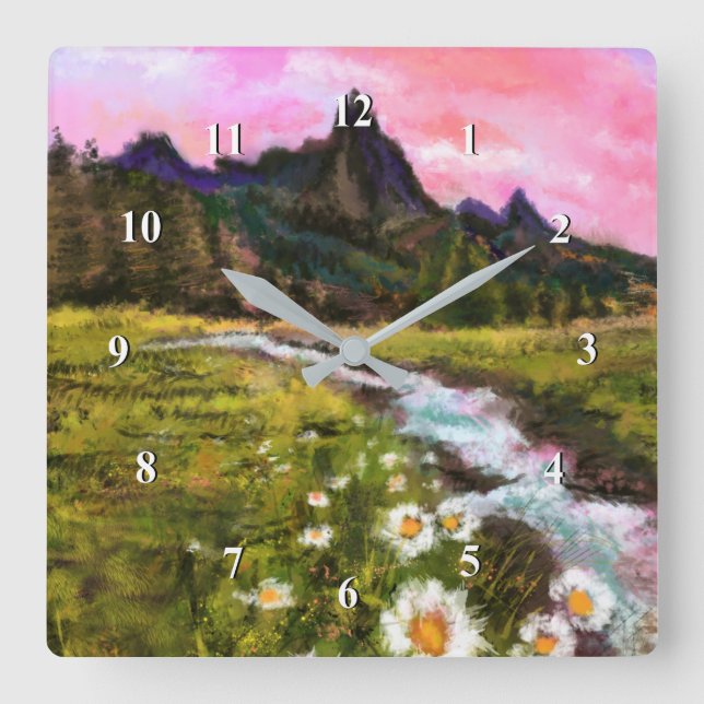 Relógio Quadrado Paisagem primavera - Flor - Pintura Original (Frente)