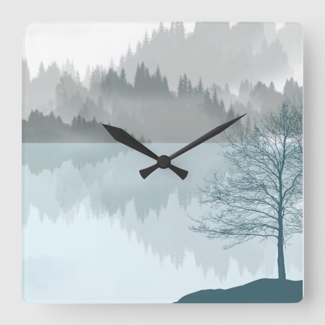 Relógio Quadrado Paisagem Reflexão de Lago Árvores Verde (Frente)