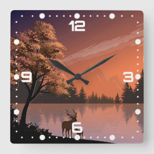Relógio Quadrado Paisagem Sunrise com Lago e Deers-51207