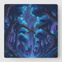 Relógio Quadrado Paisagem Urbana Neon Cyberpunk Metrópole Futurista