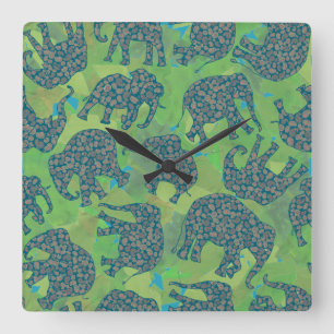 Relógio Quadrado Paisley Elephants, Jungle Green Leaves Wall Clock