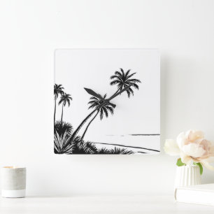 Relógio Quadrado Palm Beach Oceano Moderno Preto e Branco