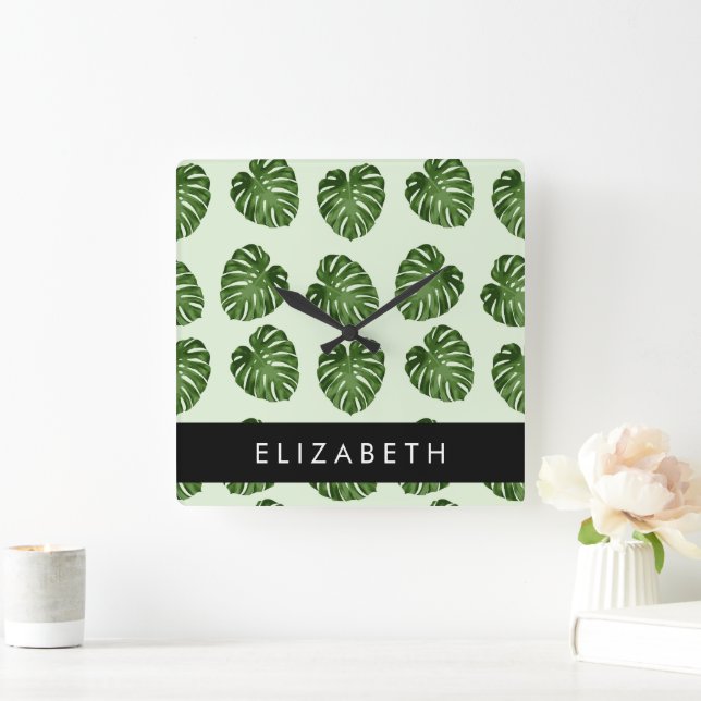 Relógio Quadrado Palm Sai, Padrão Tropical, Seu Nome (Lar)