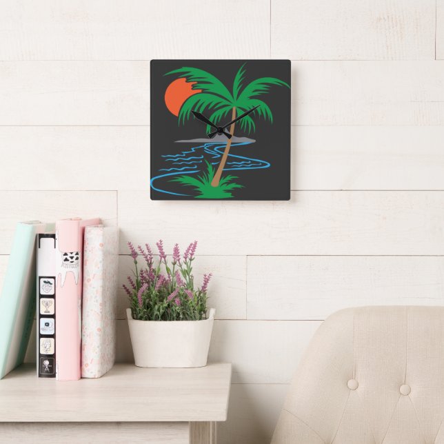 Relógio Quadrado Palm Tree by the River | Tropical Sunset Art (Sala de leitura)
