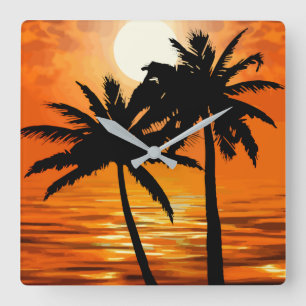 Relógio Quadrado Palm Tree Sunset Wall Clocks Tropical