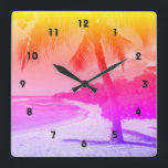 Relógio Quadrado Palm Tree Tropical Beach Orange Pink Roxo Ombo<br><div class="desc">Volte às memórias de dias de praia tropical preguiçosos sempre que você olha para esta colorida foto do relógio de parede de uma palmeira única do Havaí em uma praia arenosa, crescente, pintou um ombre amarelo, laranja, rosa e roxo. Sua escolha de um relógio quadrado ou redondo. Faz um presente...</div>
