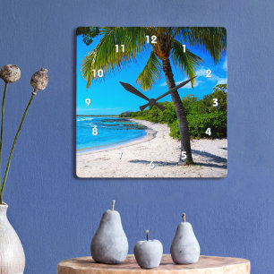 Relógio Quadrado Palm Tree White Sand Hawaii Tropical Beach Photo