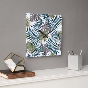 Relógio Quadrado Palm Verde-Mauve Tropical Deixa A Arte Aquarela