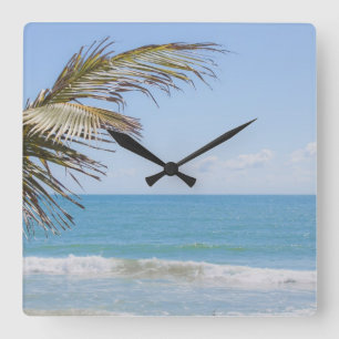 Relógio Quadrado Palma de coco e fotografia azul da praia do mar