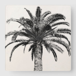 Relógio Quadrado Palmeira tropical retro da ilha em preto e branco