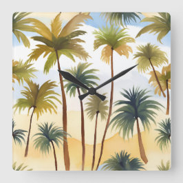 Relógio Quadrado Palmeiras tropicais | Pintura em Aquarela de Praia