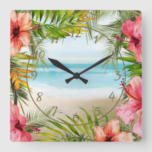 Relógio Quadrado Palms de Paraíso Tropical   Flores de Hibiscus