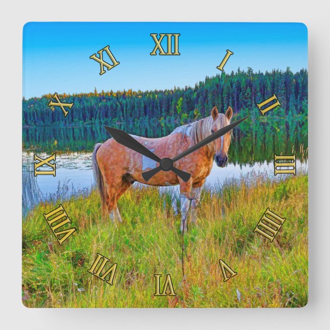 Relógio Quadrado Palomino Pinto por Lago e Cena Florestal (Frente)