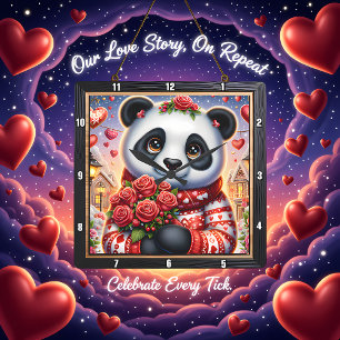 Relógio Quadrado Panda Aconchegante Rosa de Inverno
