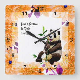 Relógio Quadrado Panda com Quadro de Flor Laranja