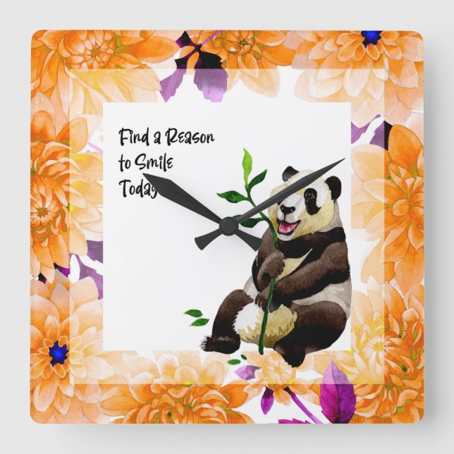 Relógio Quadrado Panda com Quadro de Flor Laranja (Frente)