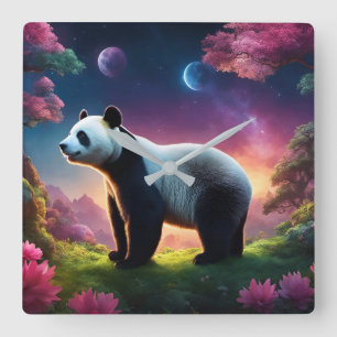 Relógio Quadrado Panda em um Jardim Fantástico
