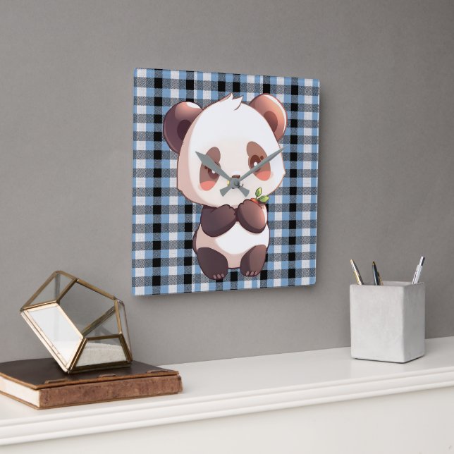 Relógio Quadrado Panda Xadrez Azul (Escritório)