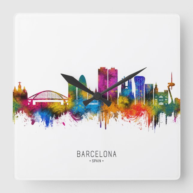 Relógio Quadrado Panorama de Barcelona Espanha (Frente)