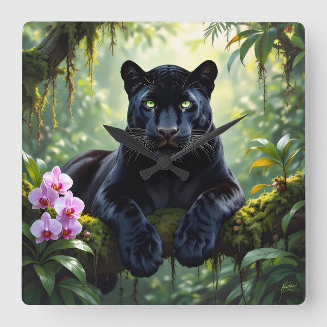 Relógio Quadrado Pantera Negra na Selva (Frente)