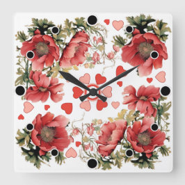 Relógio Quadrado Papagaios e Corações Românticos