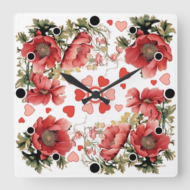 Relógio Quadrado Papagaios e Corações Românticos (Frente)