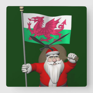 Relógio Quadrado Papai Noel com a bandeira de Wales