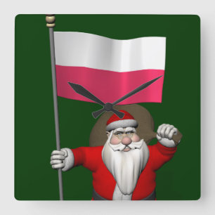 Relógio Quadrado Papai Noel com a bandeira do Polônia